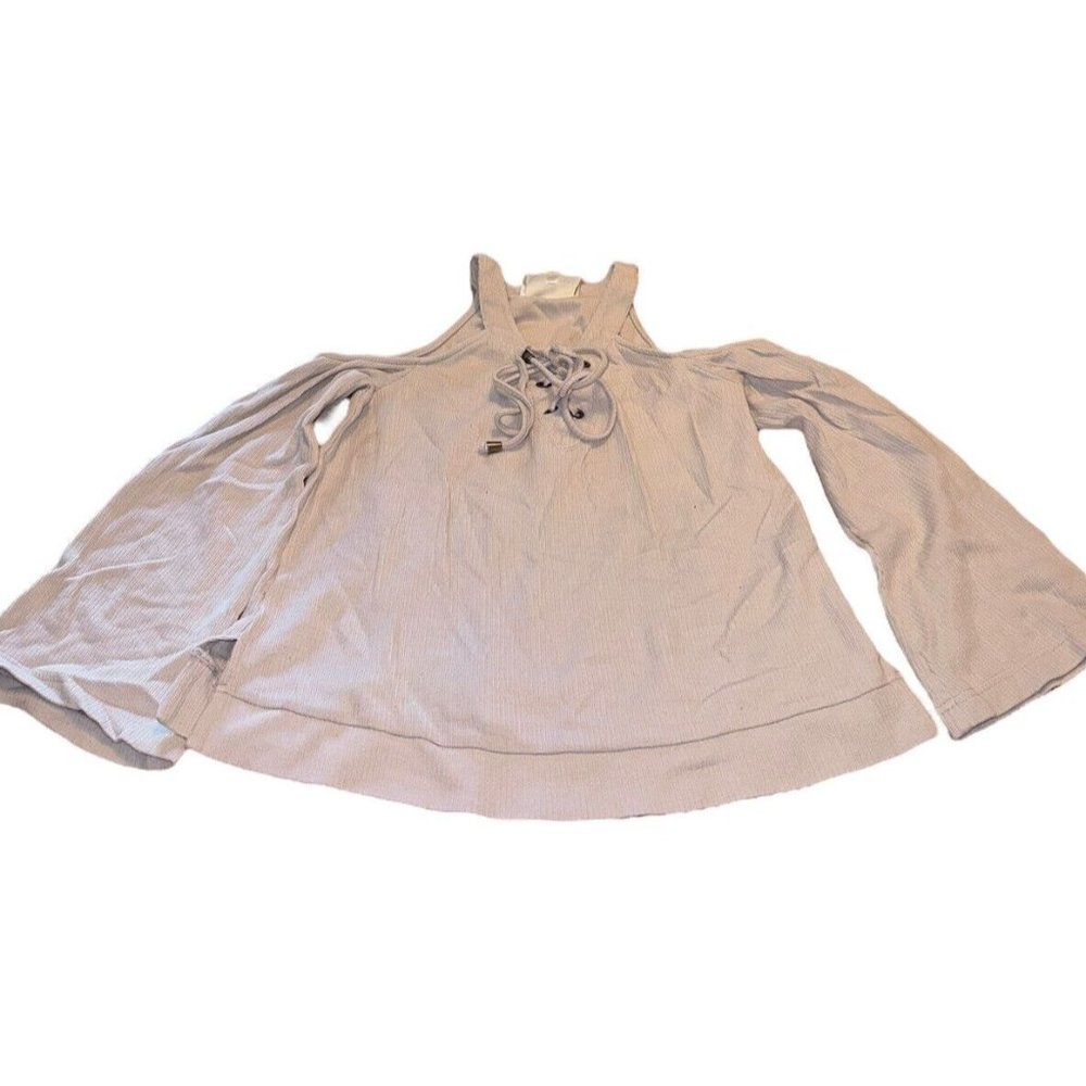 J.O.A. Los Angeles Revolve Cold Shoulder Ribbed Top Sz S Beige Bell Sleeves